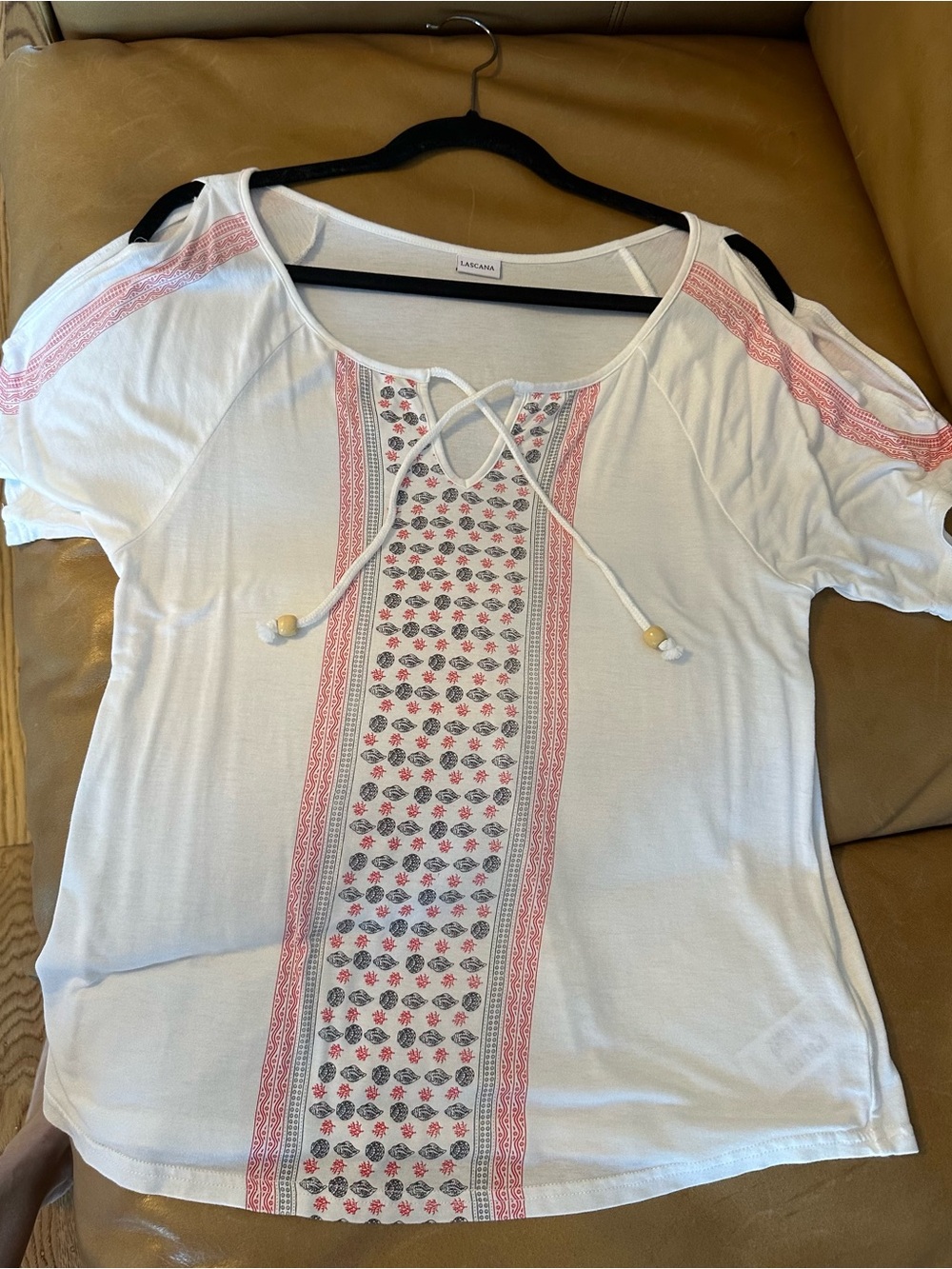 Lascana White Cold-Shoulder Tie-Front Tee with Pink Trim